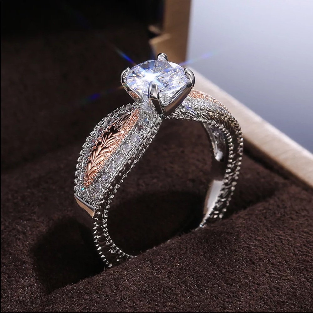 New Two Tone 925 Silver Sapphire Round Cut Ring - Picture 2 of 5
